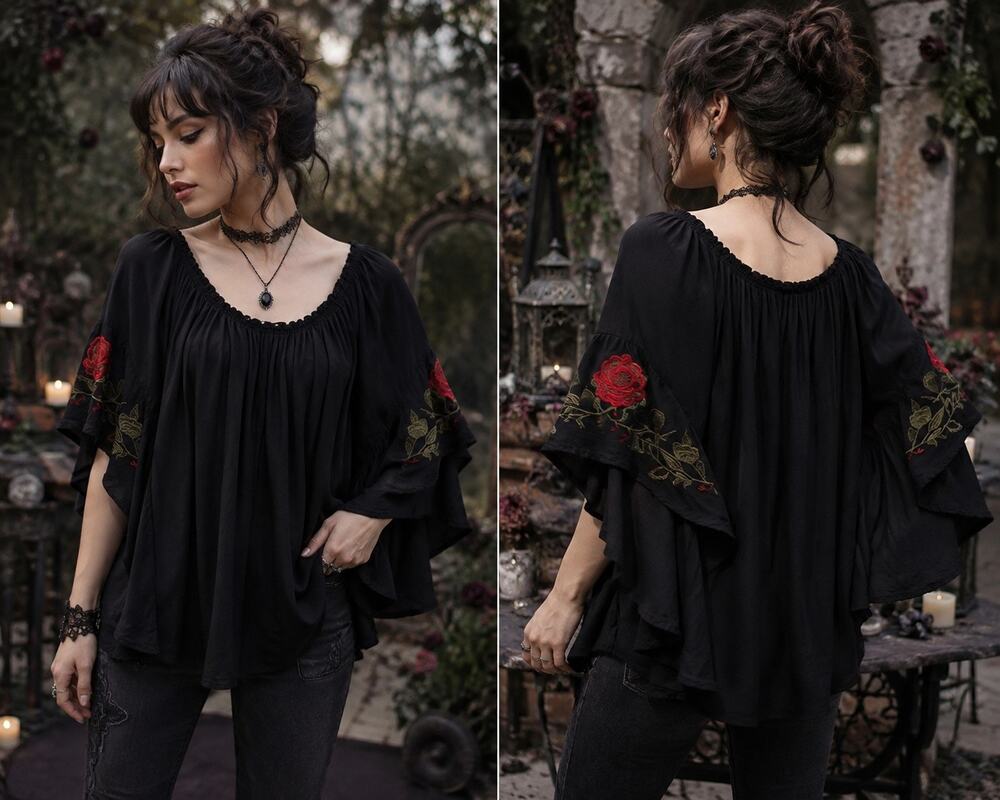 Miss Lili Black Embroidered Rose Bell Sleeve Peasant Top 2X Boho Gothic Cottage